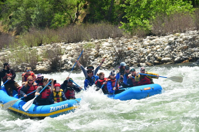 Big group whitewater rafting on the Kings River